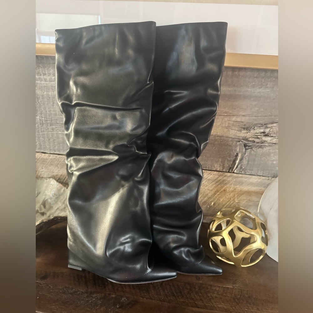 Black Faux Leather Slouch Boots with Pointed Toe